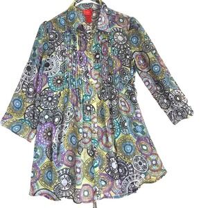 V Cristina sheer boho tunic blouse shirt top L multicolor festival psychedelic